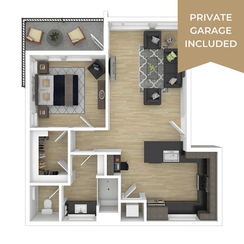 Floor plan for 1 bed, 1 bath, 725 sqft